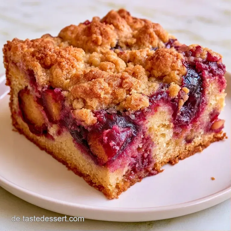 Ein goldbraunes Kuchenst&uuml;ck mit gl&auml;nzenden violetten Fr&uuml;chten auf einem wei&szlig;en Porzellanteller, elegant angerichtet.