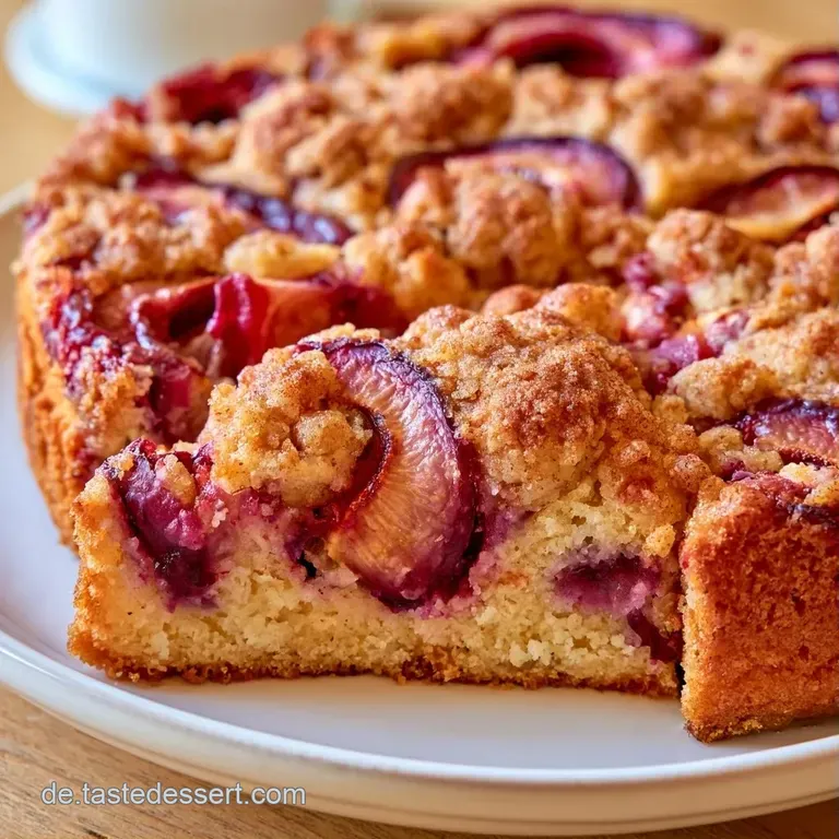 Ein St&uuml;ck warmer Pflaumenkuchen auf wei&szlig;em Porzellan mit gl&auml;nzenden violetten Fr&uuml;chten und feinem Puderzucker.