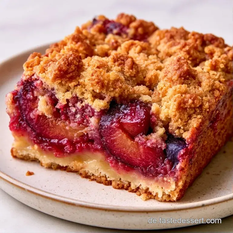 Ein saftiges St&uuml;ck Obstkuchen auf wei&szlig;em Porzellan, best&auml;ubt mit wei&szlig;em Puderzucker und goldgelben Streuseln.
