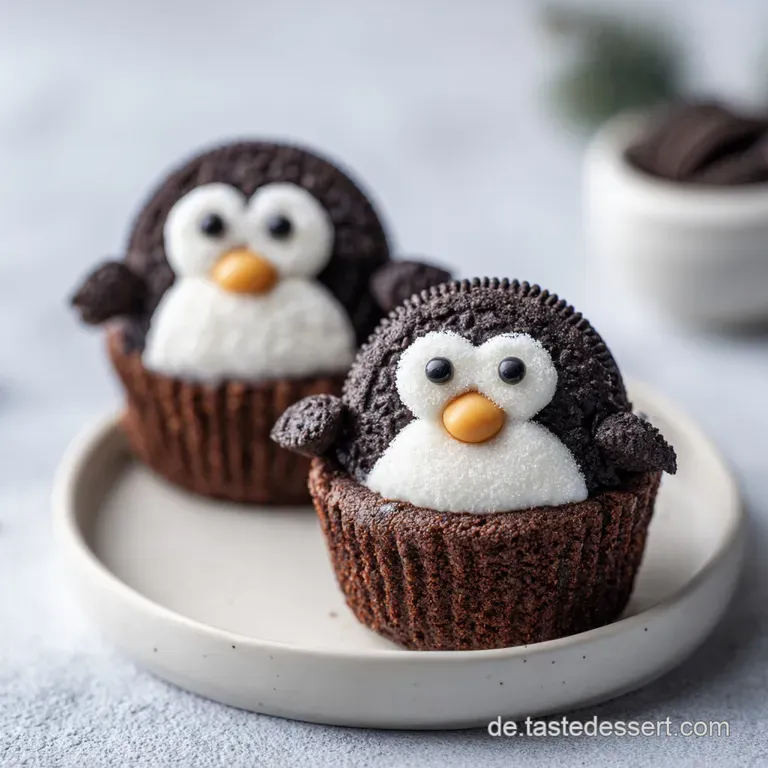A neat stack of adorable penguin muffins, dusted with powdered sugar, presented on a rustic ceramic plate.