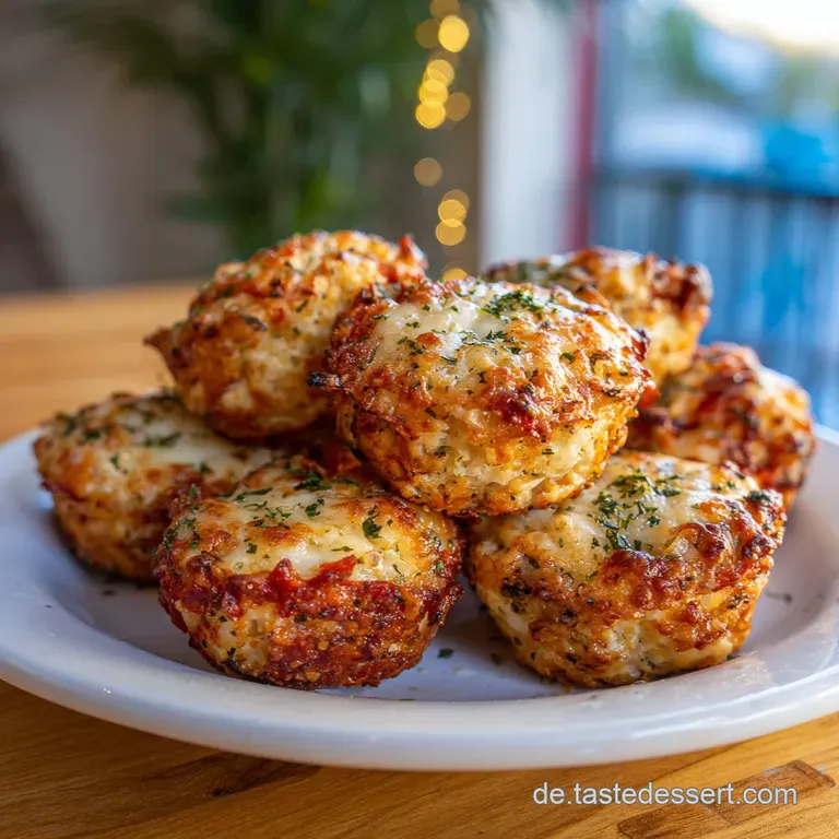 Stacked pizza balls on a white plate, garnished with fresh herbs. A casual, delicious appetizer or snack presentation.