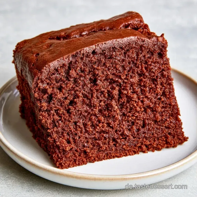 Dunkler Schokokuchen auf einer wei&szlig;en Porzellanplatte, garniert mit frischen roten Beeren und feinem Puderzucker.