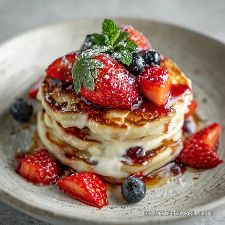 Fluffy protein pancake topped with glistening berries and creamy quark, artfully arranged on a white plate.