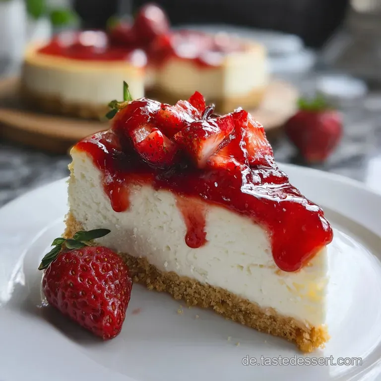 Slice of moist, creamy cheesecake on a white plate, hints of golden crust, powdered sugar dusting. Simple elegance.