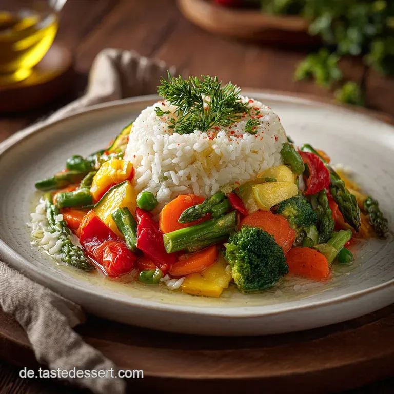 Colorful rice and veggie stir-fry artfully arranged on a white plate. Sprinkled sesame seeds add texture and visual intere...