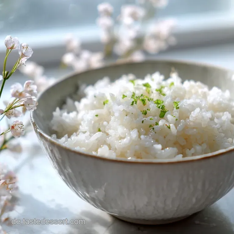 Perfectly molded dome of steaming white rice, glistening and airy, resting on a patterned plate. Ready to be enjoyed!