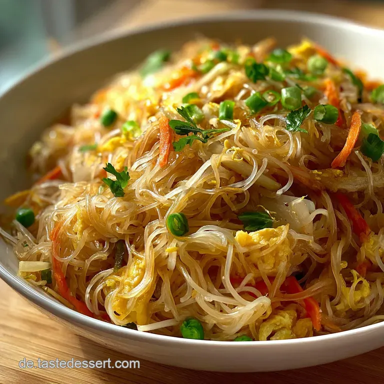 Elegant swirl of glossy caramelized noodles on a white plate, sprinkled with sesame seeds, and bright green scallions as g...