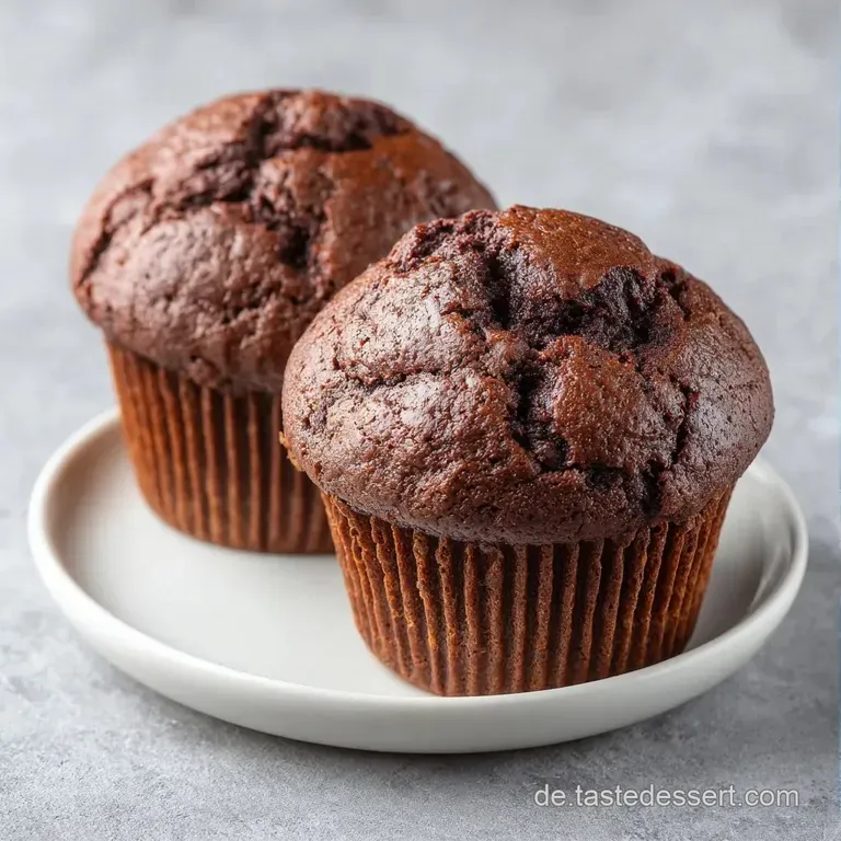 Drei fluffige Schokoladenmuffins auf einem wei&szlig;en Porzellanteller, best&auml;ubt mit feinem Kakaopulver und weichem Licht.