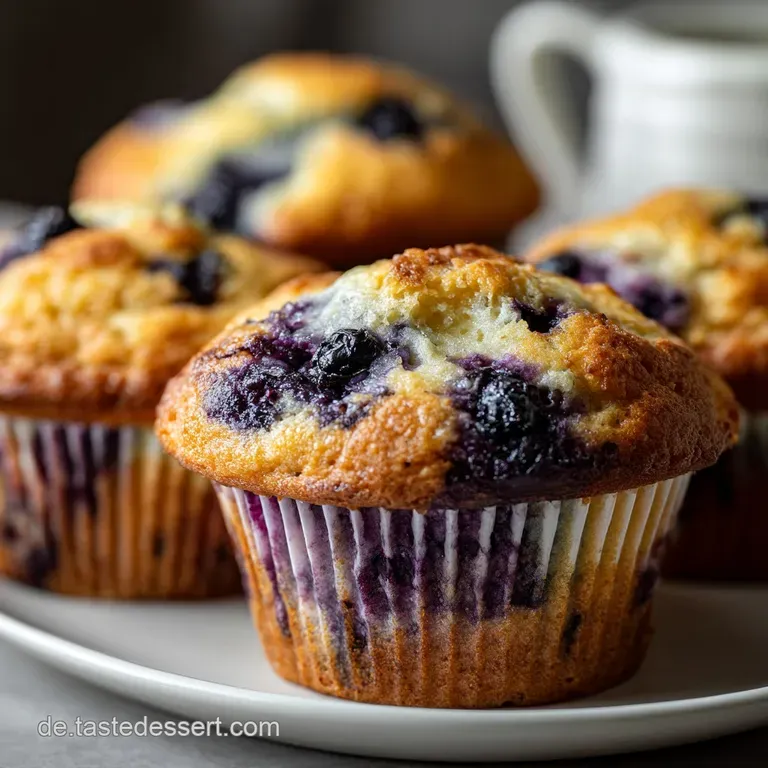 Two yogurt blueberry muffins sit on a plate, steam gently rising. Plump berries are peeking out of the muffin tops.