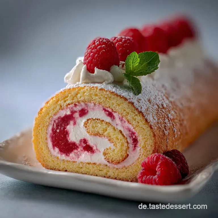 Slices of airy sponge cake roll reveal the sweet cream filling; berry garnish adds vibrant color to this elegant dessert p...