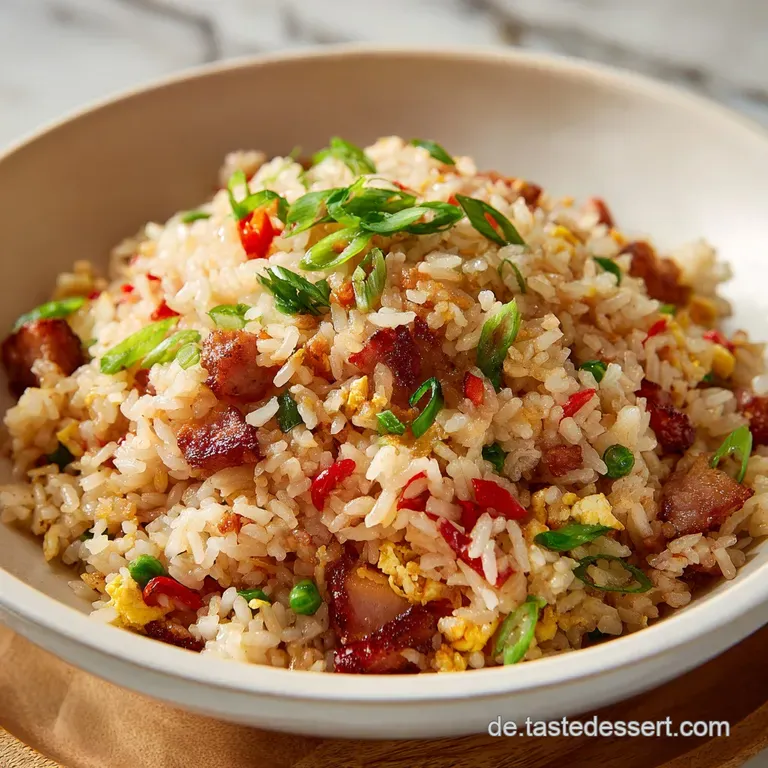 Perfectly plated fried rice with vibrant green onions, a sprinkling of sesame seeds, and delicate steam rising. Fresh & in...