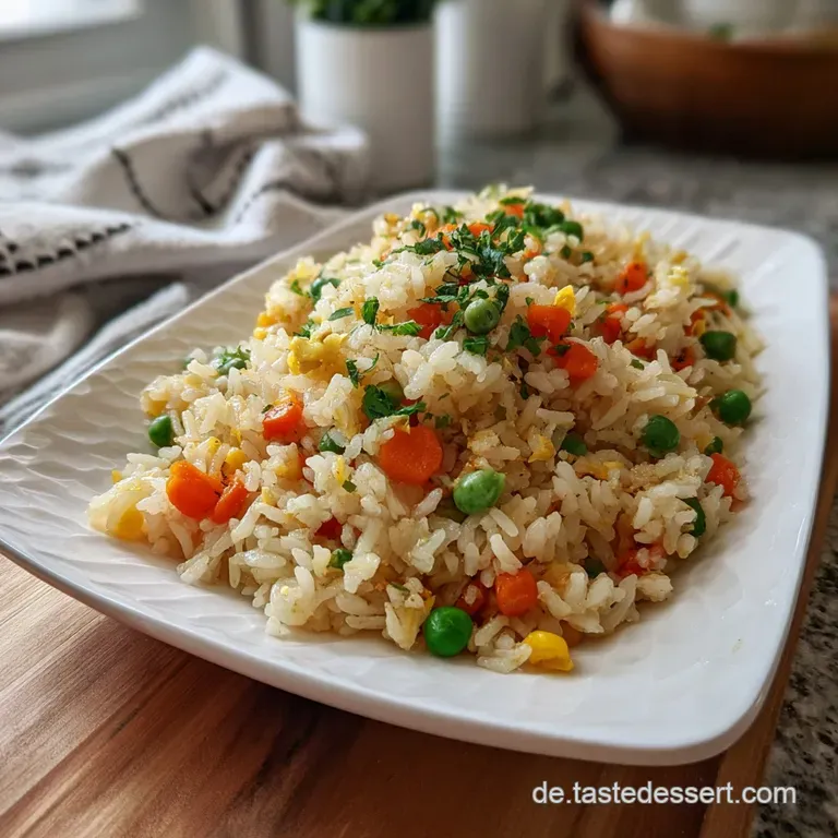 Steaming mound of vegetable rice artfully plated, garnished with fresh herbs. Bright, appetizing colors pop against the wh...