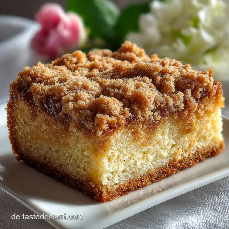 Slice of Kr&uuml;melkuchen on a white plate. Crispy crumbs contrast with the smooth yogurt filling. Lightly dusted with powdere...