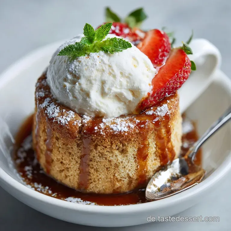 Warm, golden mug cake, overflowing slightly, presented on a saucer. A delicate dusting of powdered sugar adds a sweet touch.