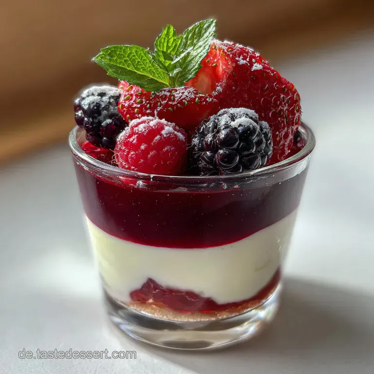 Elegant dessert plate with ruby-red Rote Gr&uuml;tze topped with a swirl of vanilla Quark. Mint sprig garnish adds a refreshing...