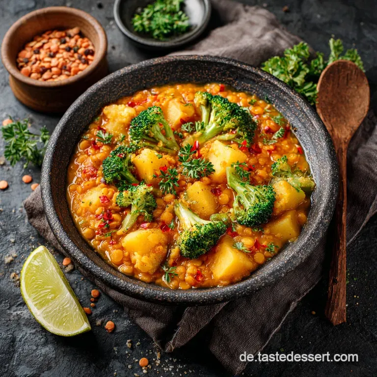 Rote Linsen Curry Mit Brokkoli Und Kartoffeln Cremiges Soul Food presentation