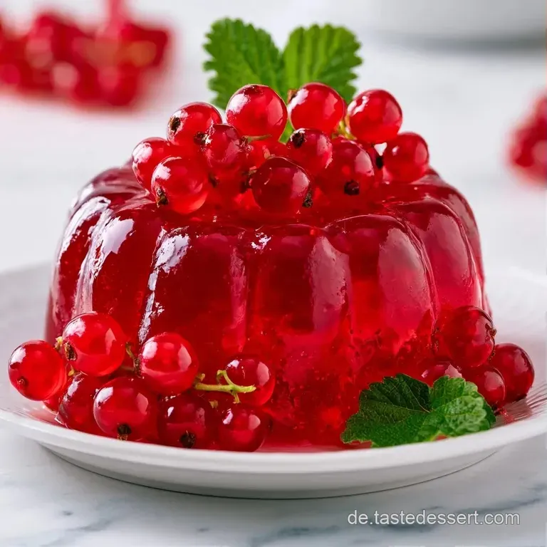 Kleine Sch&auml;lchen mit rubinrotem Gelee, flankiert von frischen Beeren und knusprigen Crackern auf wei&szlig;em Porzellan.