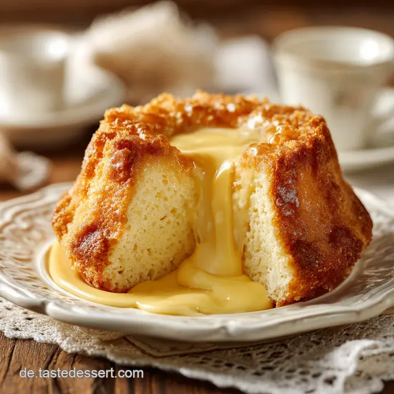 A slice of airy custard cake with a crunchy nut crust, artfully arranged with a dusting of powdered sugar.