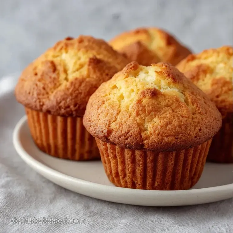 Mehrere fluffige, goldgelbe Muffins auf einem wei&szlig;en Porzellanteller, dekoriert mit frischen, roten Beeren.