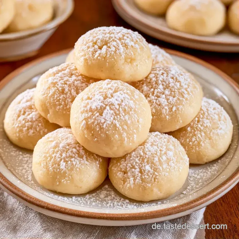 Cremefarbene, runde Mandelgeb&auml;cke auf einem wei&szlig;en Porzellanteller, sanft beleuchtet mit einer feinen Zuckerglasur.