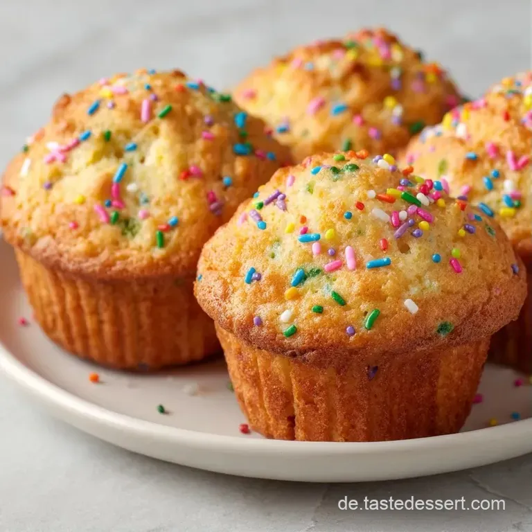 Drei goldbraune Muffins auf einem wei&szlig;en Porzellanteller, erg&auml;nzt durch frische Beeren und ein cremiges Tuch.