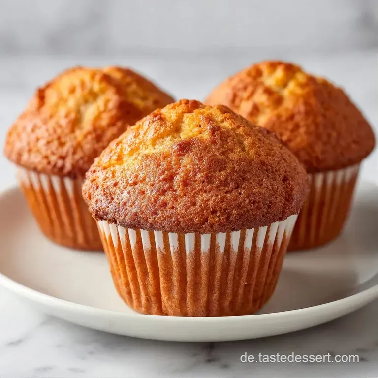 Drei goldgelbe Muffins auf einer wei&szlig;en Keramikplatte, flankiert von einem Leinentuch und warmem, weichem Seitenlicht.