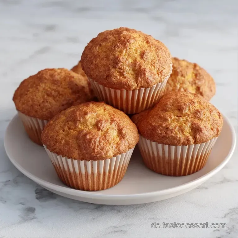 Goldgelbe, fluffige Muffins auf einer wei&szlig;en Keramikplatte, arrangiert mit einem hellen Leinentuch im weichen Licht.