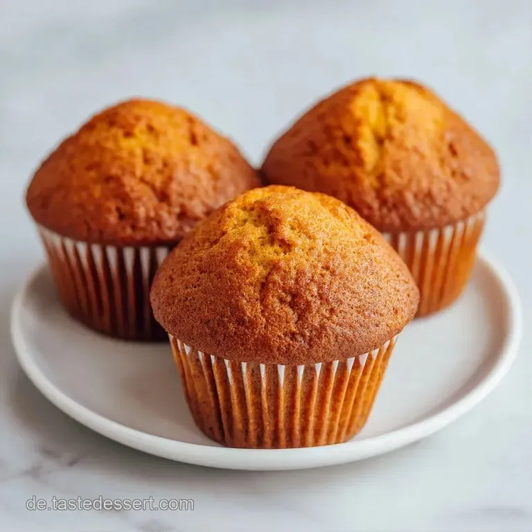 Mehrere goldgelbe Muffins auf einem wei&szlig;en Porzellanteller, leicht best&auml;ubt mit feinem Puderzucker und weich gl&auml;nzend.