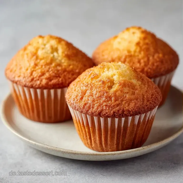 Fluffige, goldgelbe Muffins auf einer wei&szlig;en Porzellanplatte, sanft beleuchtet und mit einer feinen Zuckerhaube best&auml;ubt.