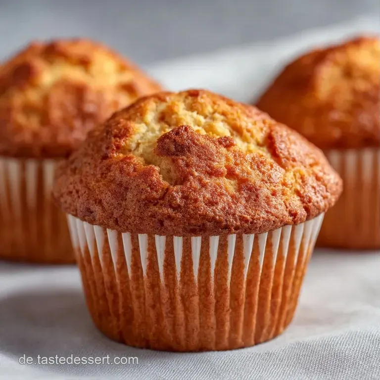 Mehrere fluffige, goldgelbe Muffins auf einem wei&szlig;en Porzellanteller, sanft ausgeleuchtet mit weichen Schatten.