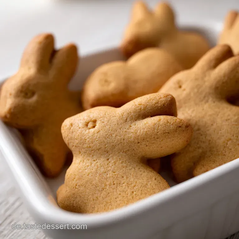 Drei cremige Quarkgeb&auml;cke in Hasenform auf einer rustikalen Holzplatte, garniert mit Minzbl&auml;ttern und Puderzucker.