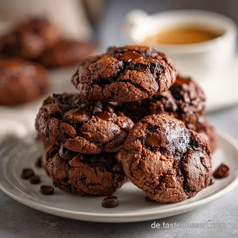 Three dark chocolate cookies stacked, showing cracked surfaces and gooey centers, next to a glass of cold milk with conden...
