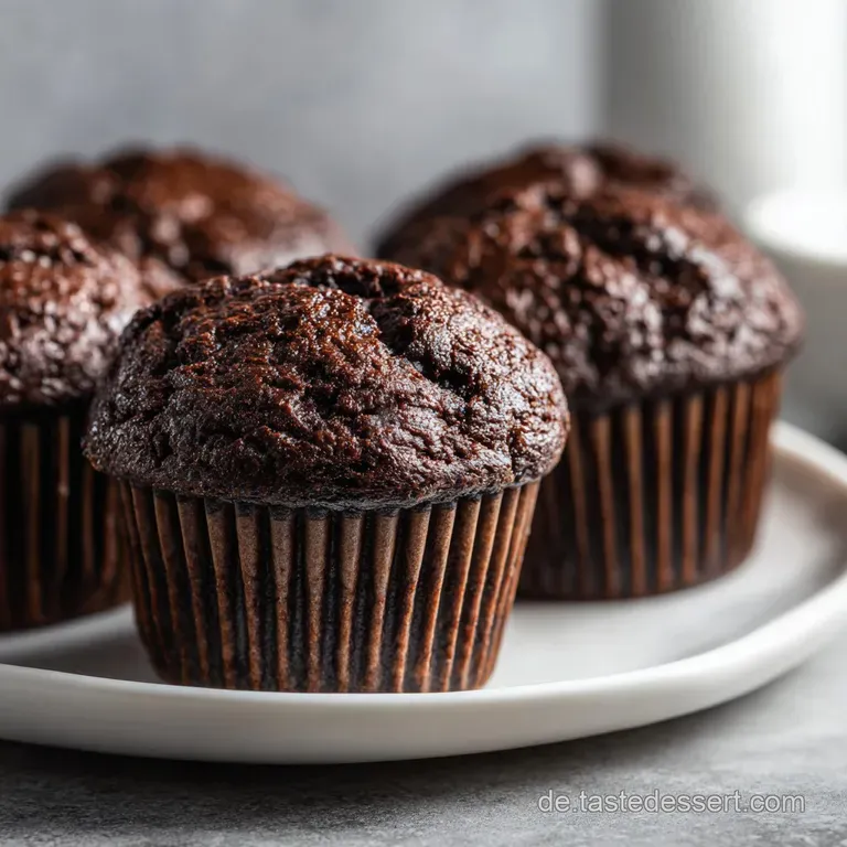 A single, rich chocolate muffin on a small plate, showcasing its soft crumb and deep, inviting color. Ready to be devoured.