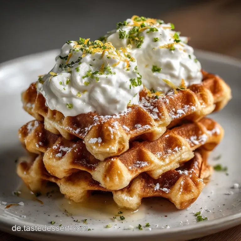 Elegant waffle quarter topped with fresh berries and a dollop of creamy quark. A light dusting of powdered sugar completes...