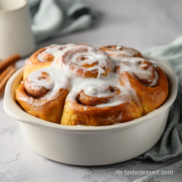 A single soft, golden swirl on a ceramic plate, topped with melting icing and a dusting of cinnamon powder.
