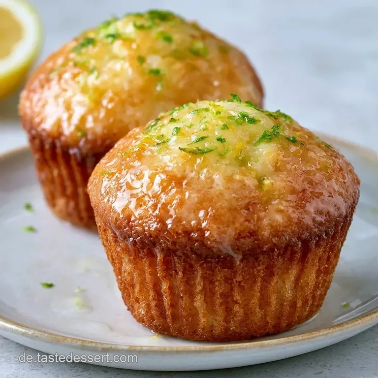 Helle Muffins auf einer wei&szlig;en Keramikplatte, best&auml;ubt mit feinem Puderzucker und garniert mit gelben Zesten.