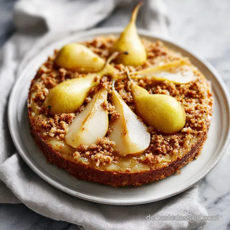 A wedge of creamy pear cake rests on a white plate, showcasing its moist interior and the juicy pear slices nestled within...