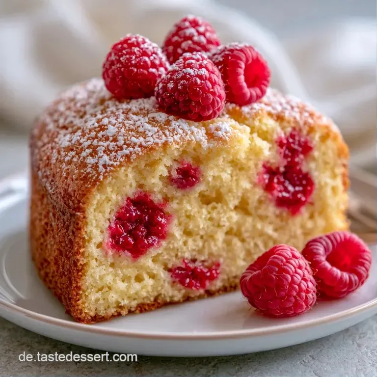 Ein St&uuml;ck cremiger wei&szlig;er Kuchen auf einem wei&szlig;en Porzellanteller, garniert mit frischen roten Beeren und Puderzucker.