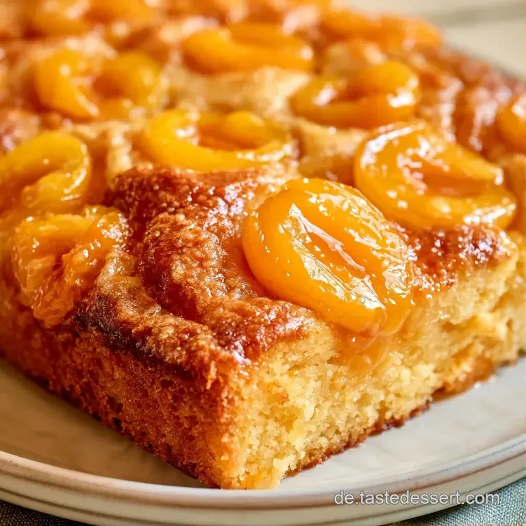 Ein St&uuml;ck gelber Pflaumenkuchen auf wei&szlig;em Porzellan, best&auml;ubt mit feinem Puderzucker auf einem hellen Holztisch.