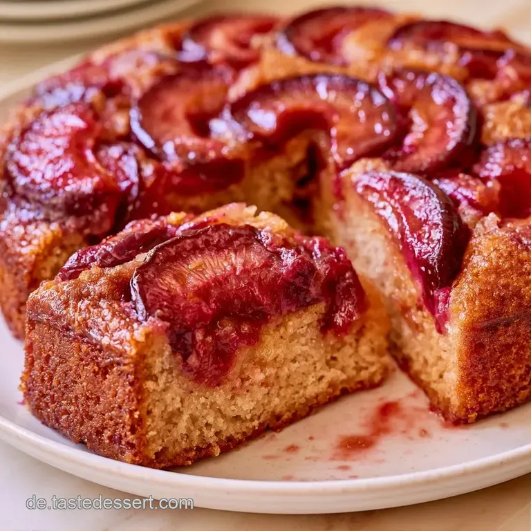 Ein St&uuml;ck warmer Fruchtkuchen auf wei&szlig;er Keramik, best&auml;ubt mit feinem Puderzucker und gl&auml;nzenden, dunklen Fr&uuml;chten.