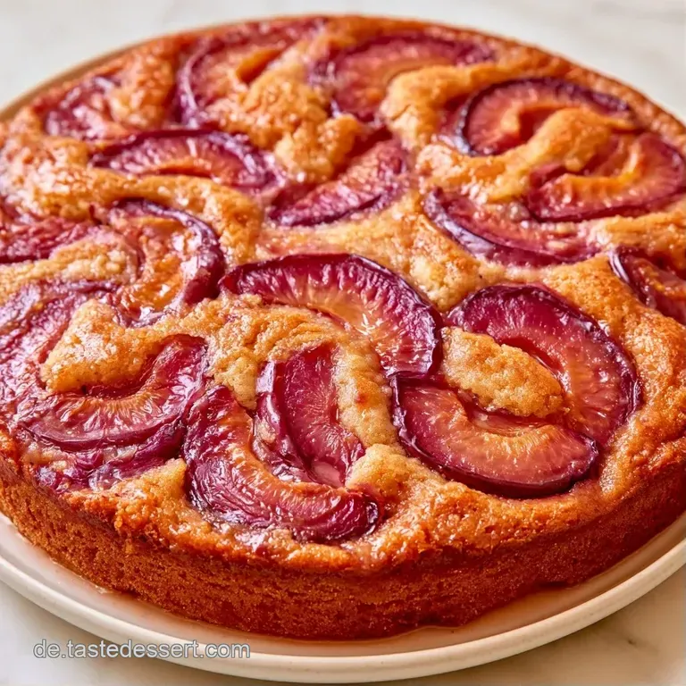 Ein goldbraunes St&uuml;ck Fruchtkuchen auf einem wei&szlig;en Teller, verziert mit Puderzucker und einer frischen Pflaume.