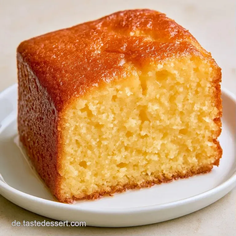 Goldgelbe Kuchenst&uuml;cke auf einer wei&szlig;en Porzellanplatte, best&auml;ubt mit feinem Puderzucker und frischen Beeren garniert.