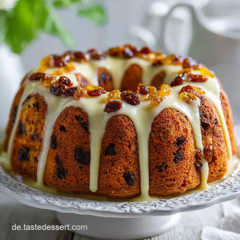 Slice of moist vegan raisin cake on a white plate, showcasing the tender crumb and scattered plump raisins against a neutr...
