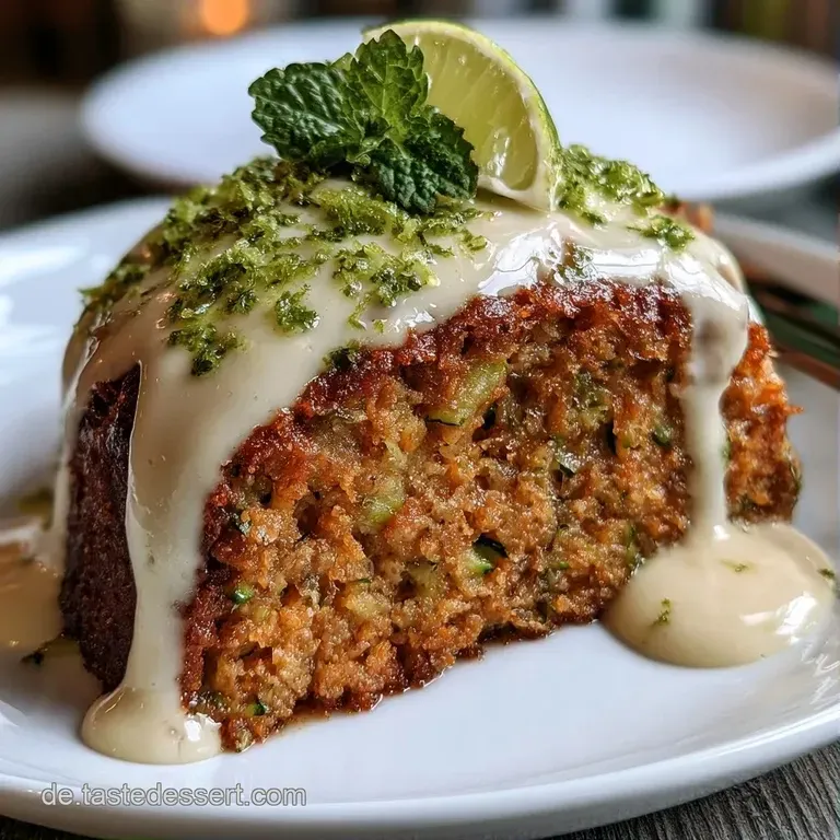 Ein saftiges St&uuml;ck Zucchini-Kuchen auf einem wei&szlig;en Porzellanteller, best&auml;ubt mit feinem, wei&szlig;em Puderzucker.