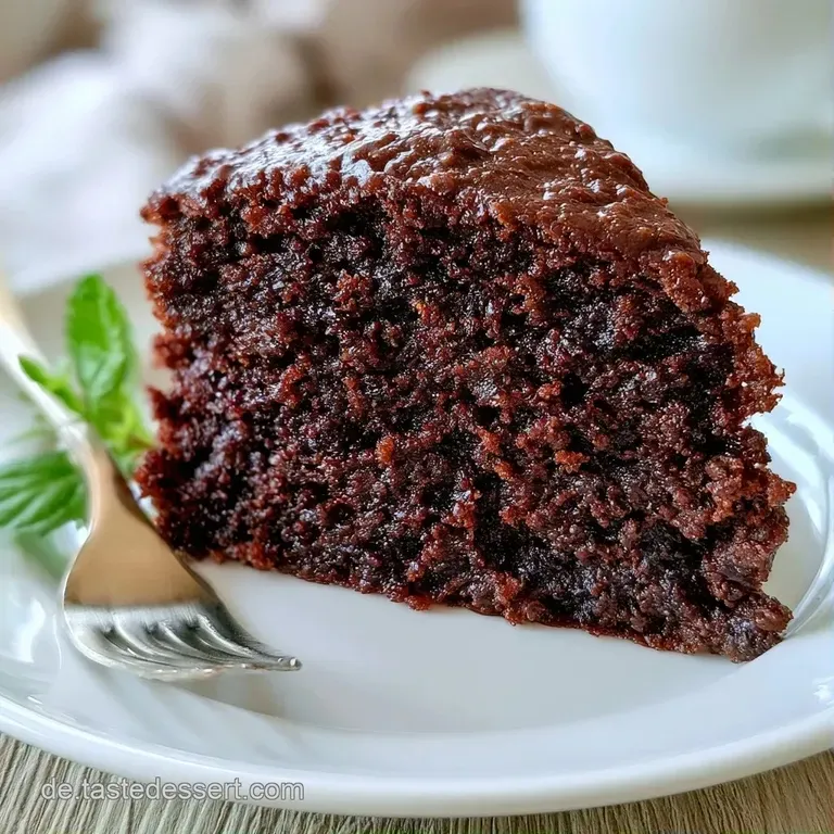 Ein saftiges St&uuml;ck dunklen Teig auf einem wei&szlig;en Porzellanteller, garniert mit frischen, roten Beeren und Minze.
