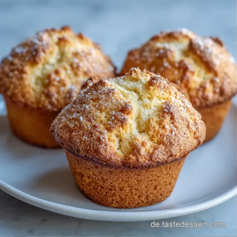Drei fluffige, goldgelbe Muffins auf einem wei&szlig;en Porzellanteller, leicht best&auml;ubt mit feinem, wei&szlig;em Puderzucker.