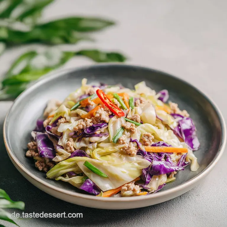 A generous portion of savory cabbage and meat stew, artfully arranged on a rustic ceramic plate.