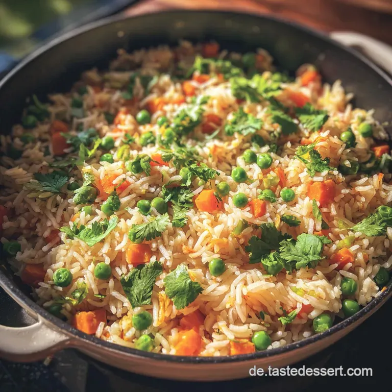 A portion of vibrant vegetable rice served on a white plate. Glistening sauce and fresh herbs accent the colorful medley o...