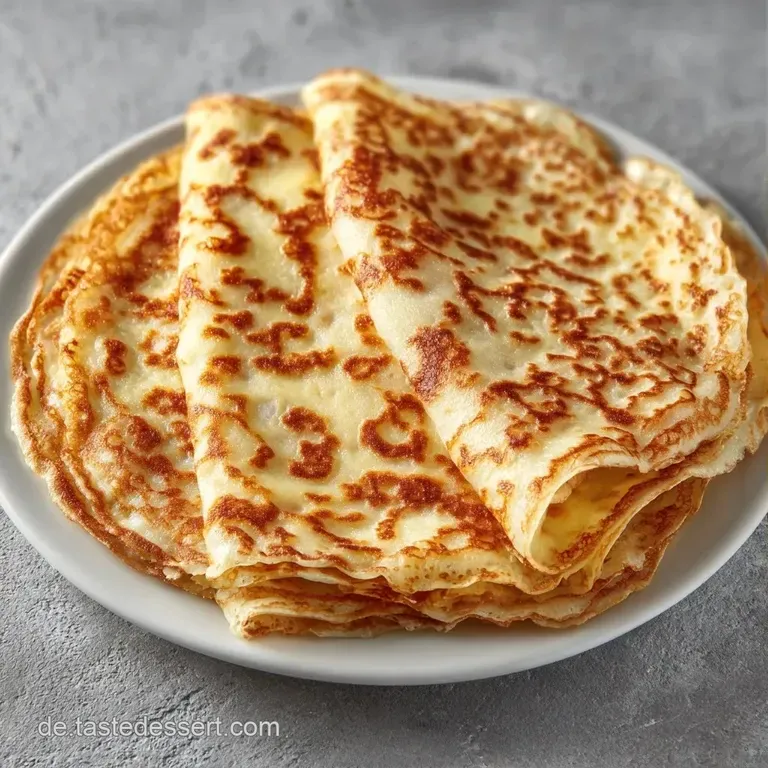 Eine wei&szlig;e Platte mit einem Stapel heller Pfannkuchen, garniert mit frischen roten Beeren und einem gr&uuml;nen Minzblatt.