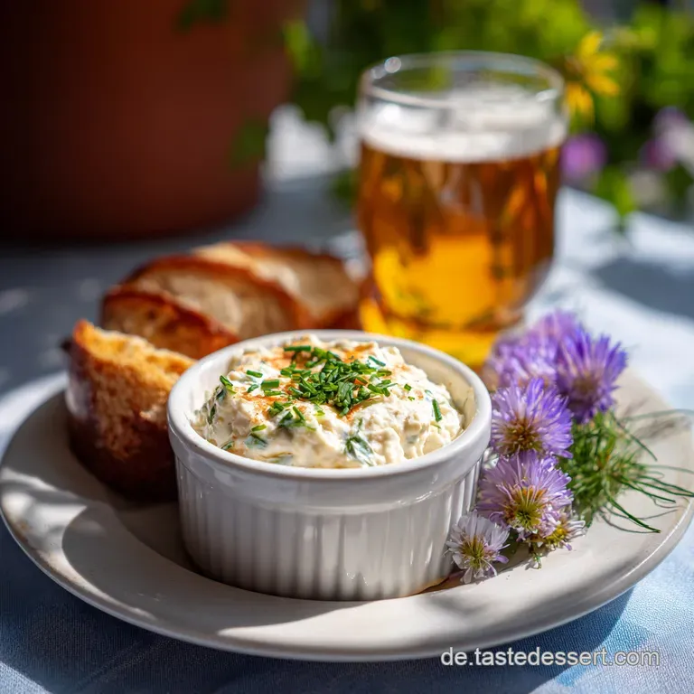 A spoonful of the cheese dip with chives sits on a slice of dark bread, next to a glass of golden beer.